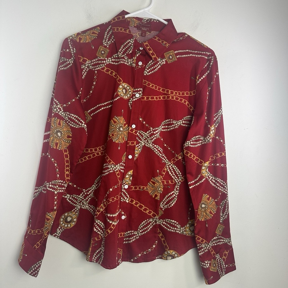 Talbots Womens 10 Red Chain Print Button Up Long Sleeve Collared Stretch Sateen